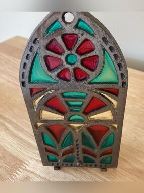 Vintage Church Gothic Stained Glass Cast Iron Candle Holder 8”